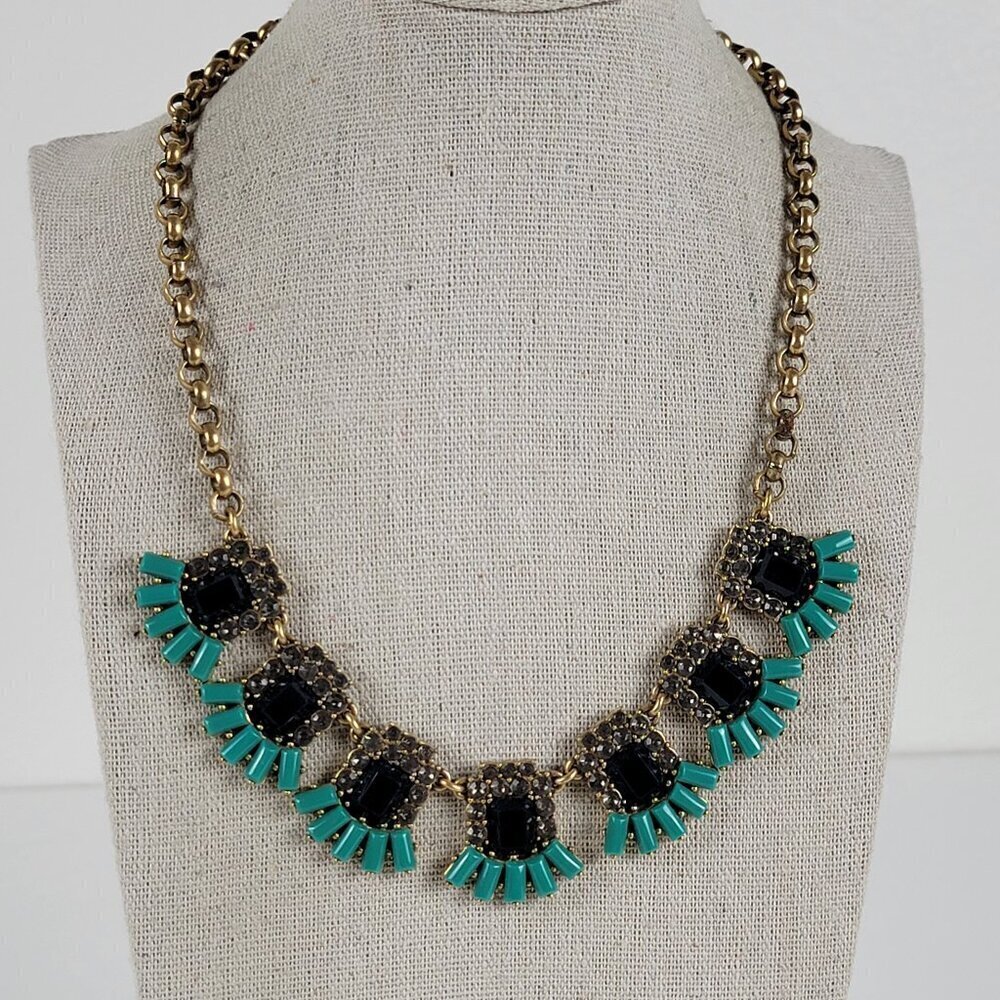 J. Crew Green Black And Clear Rhinestones Bib Necklace 20 In Gold-Tone